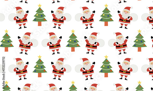 かわいいサンタクロースとクリスマスツリーのシームレス背景パターン（クリスマス用イラスト素材）