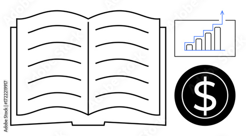 Open book with lines on pages accompanied by a rising financial chart and dollar sign. Ideal for education, business, finance, investment, learning, economic growth, analytics. Simple flat metaphor