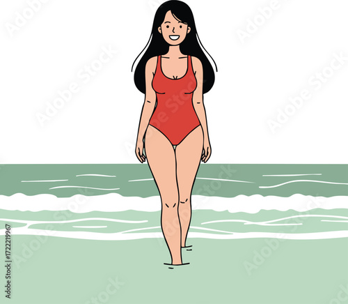 Woman in red swimsuit walking in shallow ocean water with calm waves and green sea background vector illustration 