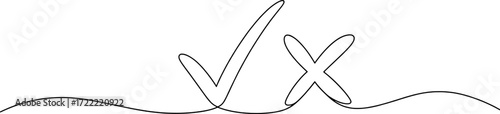 Minimalist line drawing checkmark and cross symbols x mark tick