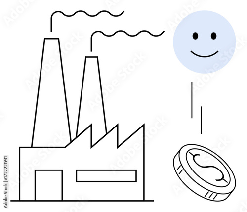 Industrial factory with smoking chimneys next to a smiling face and coin. Ideal for eco-friendly production, economy, sustainability, industry, profit, environmental impact, simple flat metaphor