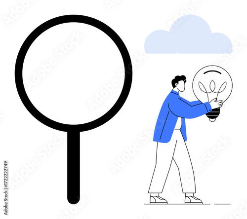 Man carrying illuminated light bulb beside magnifying glass, representing progress and problem-solving. Ideal for research, innovation, creativity, focus, analysis, exploration ideas. Simple flat