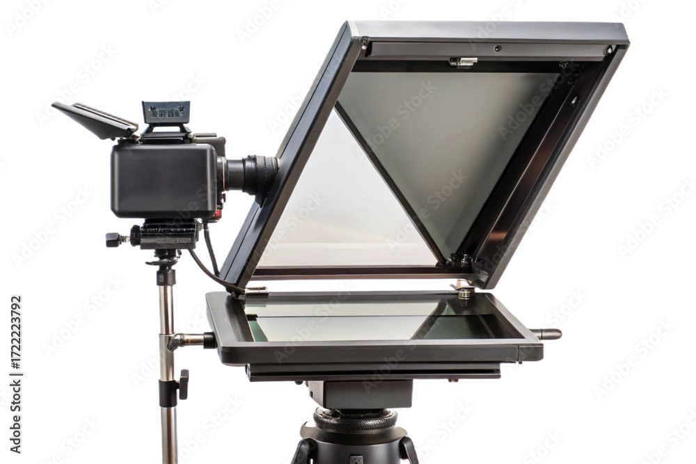 Fotografie Professional teleprompter device isolated showing reflected text for broadcast p