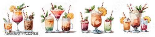 Christmas Holiday Cocktail Collection Vector Set — Festive Winter Drinks with Whipped Cream, Citrus, Berries, Spices, and Decorative Garnishes