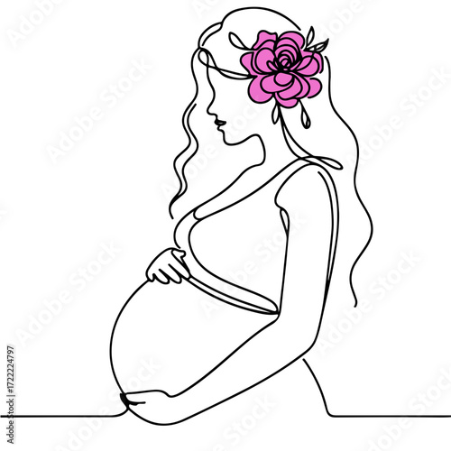 Pregnant woman with flower in hair, single line illustration with pink accent