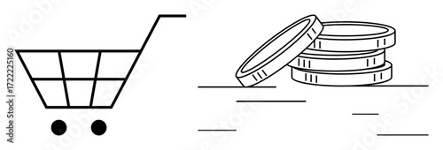 Shopping cart next to stacked coins emphasizing purchasing power, spending, and economic activity. Ideal for e-commerce, retail, money management, financial planning, investments, economy