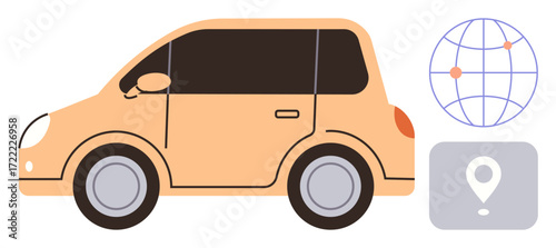 Orange car alongside navigation pin and globe with marks indicating global travel, transport, or delivery. Ideal for automotive, logistics, navigation, tourism, connectivity, technology mobility