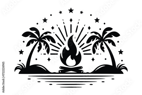 with Palm Trees, Stars, Fire Pit on White Background