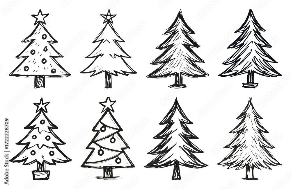 Obraz premium PNG Hand-drawn Christmas tree illustrations, element set on transparent background