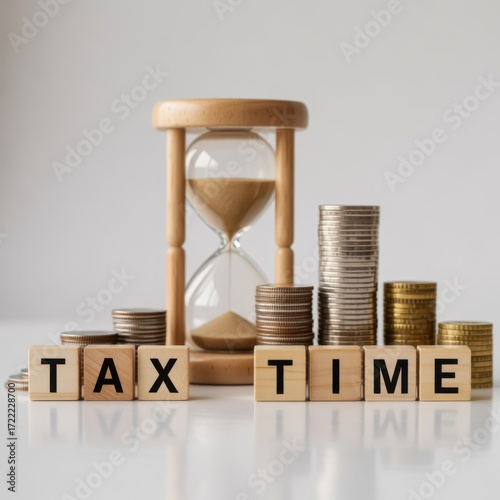 Tax Time and Financial Planning: A meticulously composed scene featuring an hourglass, coins, and the message TAX TIME artfully arranged.