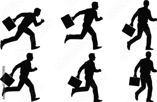 Businessman running silhouette, office worker rush, urgent deadline pressure, corporate career speed, professional stress, productivity drive, success ambition, financial growth, time management