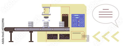 Factory conveyor belt assembling stacked items under robotic equipment in manufacturing setup. Ideal for automation, industry, production, robotics, efficiency, innovation, and technology. Simple