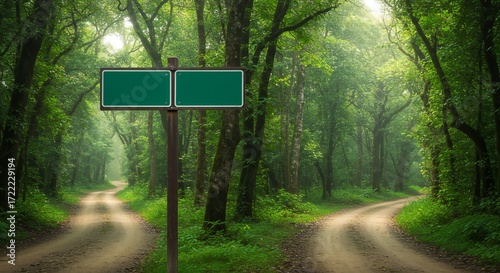 A tranquil forest scene featuring a dirt path diverging into two directions, with a blank green road sign in the foreground. Soft, diffused sunlight filters through the dense green foliage