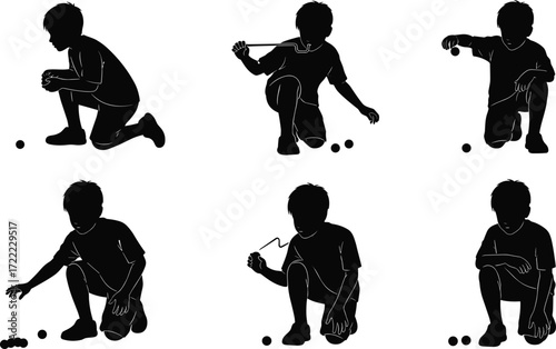 Silhouette of boy playing marbles, traditional childhood game, outdoor activity, kids fun, kneeling posture, concentration, toy balls, vintage playtime
