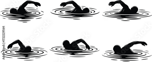 Silhouette of swimmer in water, freestyle swimming stroke, aquatic sports activity, athlete training, swimming illustration, black vector design