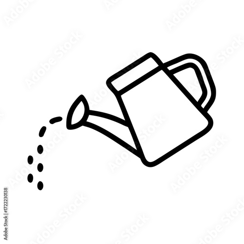 Watering can pouring water in simple outline design, transparent background, isolated, vector, icon  