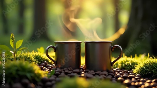 Two steaming coffee cups on coffee beans in a forest