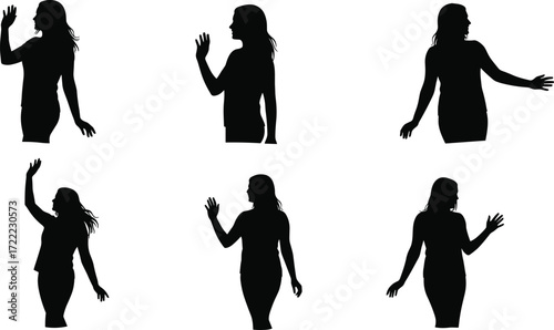 Silhouette woman waving hand, female figure standing, elegant pose, graceful movement, people gesture illustration, black shadow art, casual lifestyle design