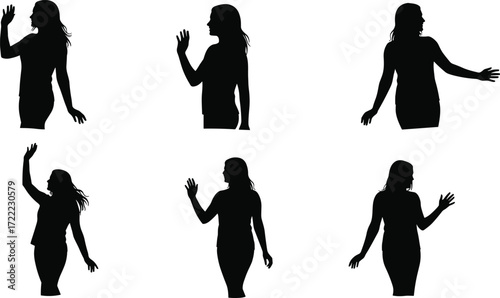 Silhouette woman waving hand, female standing figure, graceful gesture pose, casual lifestyle design, elegant movement, people illustration art, body shadow