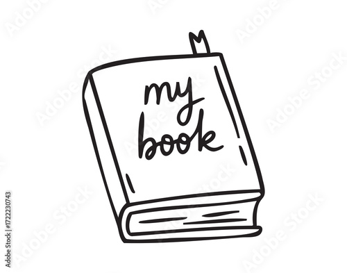 Cozy autumn doodle set with closed book with lettering my book and bookmark, line art monochrome hand drawn outline