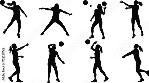 Women playing volleyball, silhouette female athletes, sports activity, outdoor fitness, teamwork game, ball action, healthy lifestyle, competitive sport, training exercise