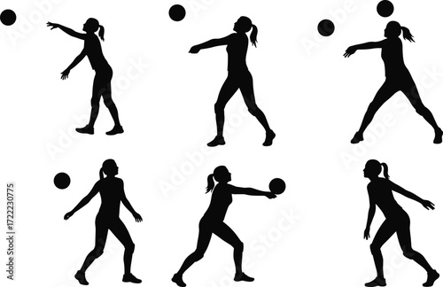 Women playing volleyball, female athletes silhouette, ball action, sports game, teamwork, exercise training, outdoor fitness, active lifestyle, competitive sport, movement