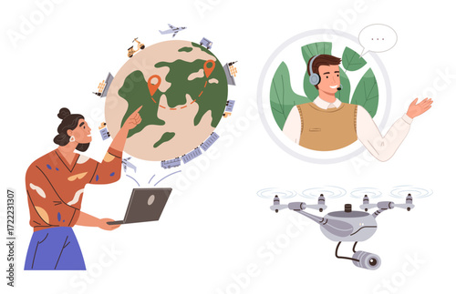 Woman tracking globe with laptop, man engaging via headset, and surveillance quadcopter flying. Ideal for remote work, virtual assistance, technology, communication, navigation, innovation education