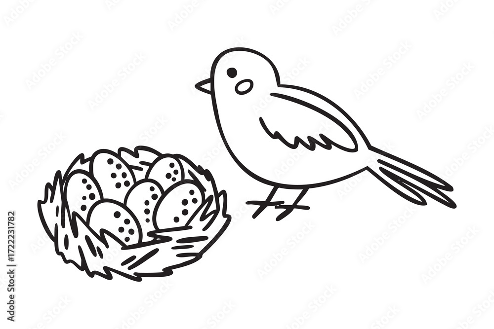 Fototapeta premium Cozy autumn doodle set with bird nest with eggs and bird, line art monochrome hand drawn outline