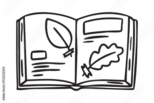 Cozy autumn doodle set with open book with autumn herbarium, line art monochrome hand drawn outline