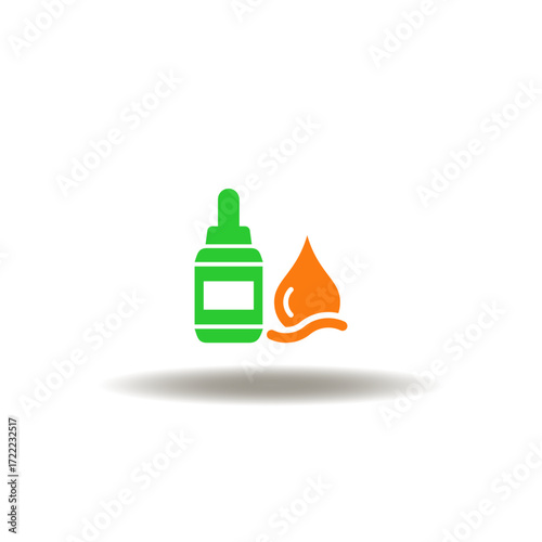Vector illustration of bottle and drop for eye, nose or other. Symbol of medical drops.