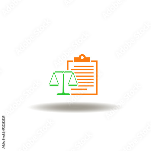 Vector illustration of clipboard with law scales. Icon of legal document. Symbol of patent.