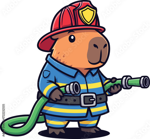 Capybara Firefighter Cartoon – Funny Animal in Fireman Uniform Holding Hose Illustration