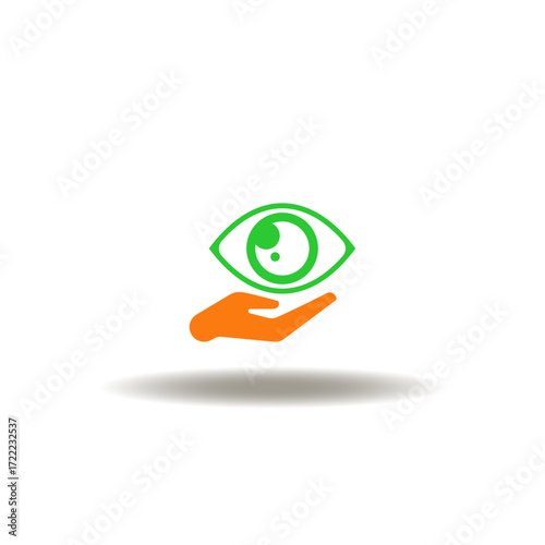 Vector illustration of hand hold icon of eye. Symbol of Eye Medical Care. Sign of Ophthalmology Optometry Health Care Innovation Research. Eyesight saving. Patient vision treatment.