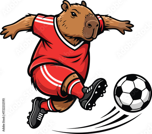Capybara Playing Soccer Cartoon – Funny Animal Kicking Football in Red Jersey Illustration
