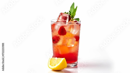 Refreshing strawberry lemonade with ice, lemon and mint on white background