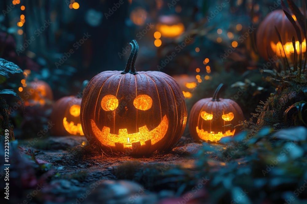 Fototapeta premium Eerie pumpkins glowing in misty dark forest on Halloween night.