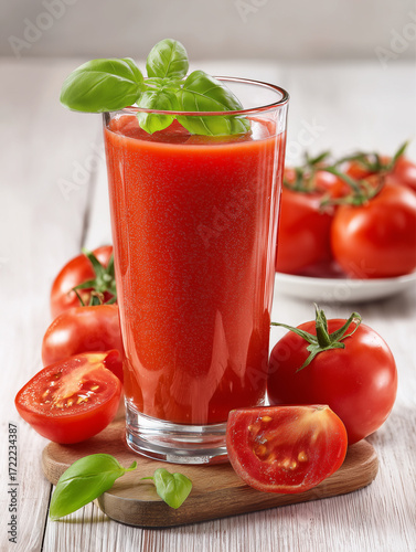 Glass of fresh tomato juice with basil and ripe tomatoes