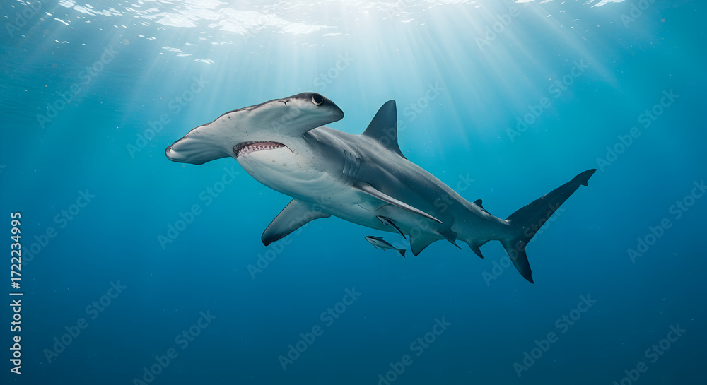 Fototapeta premium Impressive hammerhead shark swimming gracefully in crystal-clear ocean waters
