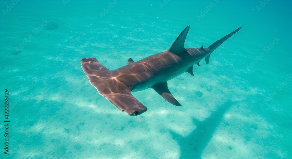 Obraz premium Graceful hammerhead shark gliding effortlessly through turquoise waters 