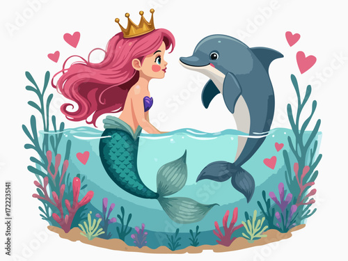 Vector drawing for children t-shirt. Cartoon little mermaid princess with crown, dolphin, heart at ocean bottom under water on white background. Design for textile, paper, fabric, clothing for kids. 