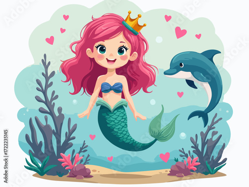 Vector drawing for children t-shirt. Cartoon little mermaid princess with crown, dolphin, heart at ocean bottom under water on white background. Design for textile, paper, fabric, clothing for kids. 