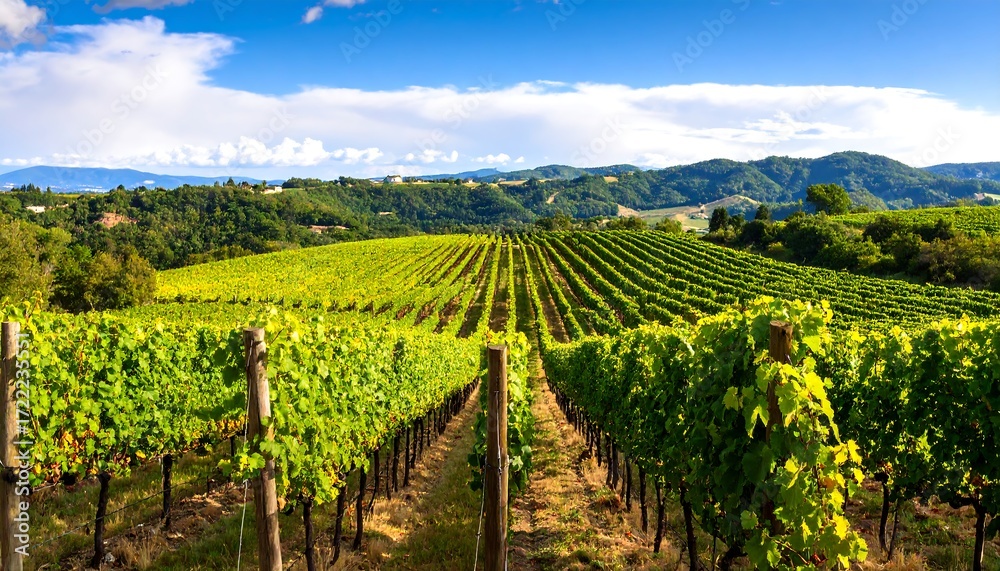 Naklejka premium Lush vineyard rows stretch across a sun-drenched landscape