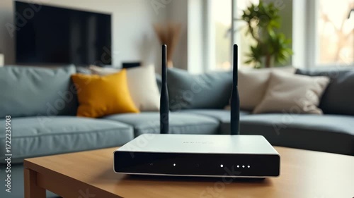 White internet router blinking on a wooden table in a living room