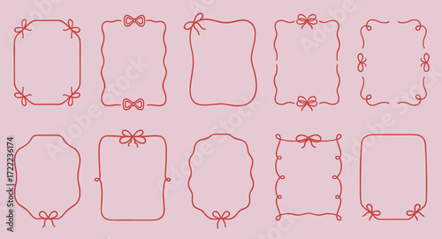 Whimsical wedding frame doodle set. Coquette boarders with bows and ribbons in sketch style. Hand drawn Vintage vector illustration for Valentine’s Day, wedding invitations.
