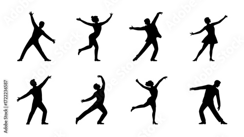 Vector collection of male and female silhouettes in elegant dance poses, shown with raised arms and legs in dynamic positions, expressing movement and grace. Ideal for dance.