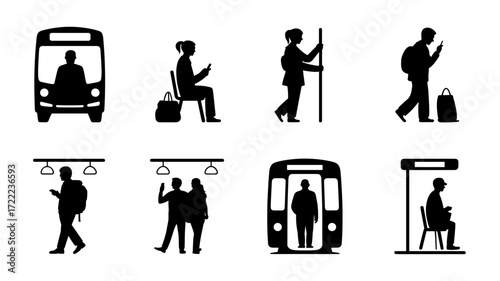 Vector illustrations of people in public transportation settings, including buses, subways, seats, door handles, and passengers using cell phones. Ideal for urban mobility and transportation projects.