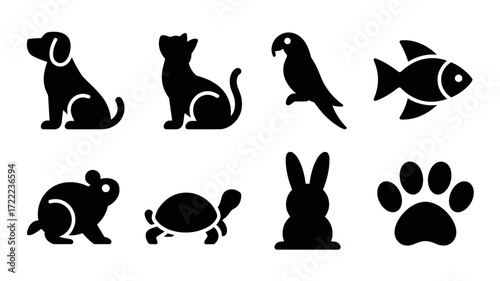 Collection of vector icons depicting pets, including dogs, cats, parrots, fish, rabbits, turtles, and footprints. Ideal for pet shops, veterinarians, educational materials, and animal designs.