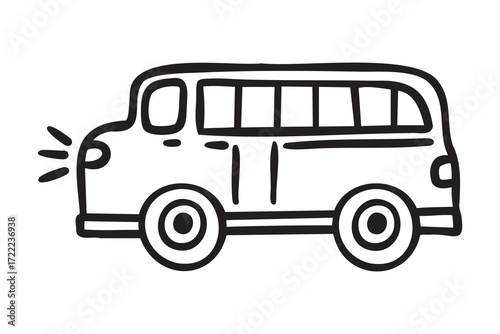 School bus variant, transport to class, line art school doodle, outline contour, monochrome, hand drawn