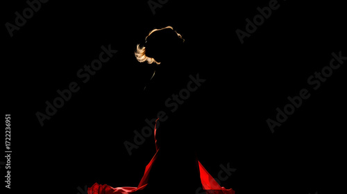 Girl in red dances flamenco. Black background. Silhouette.