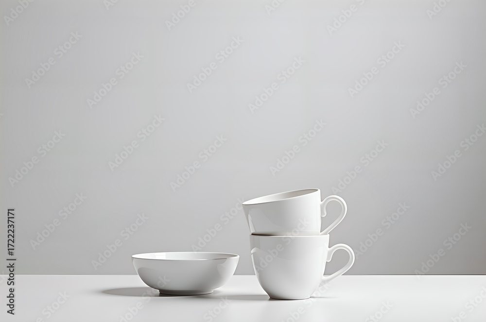 Fototapeta premium Minimalist Still Life with Stacked White Ceramic Cups and a Smal